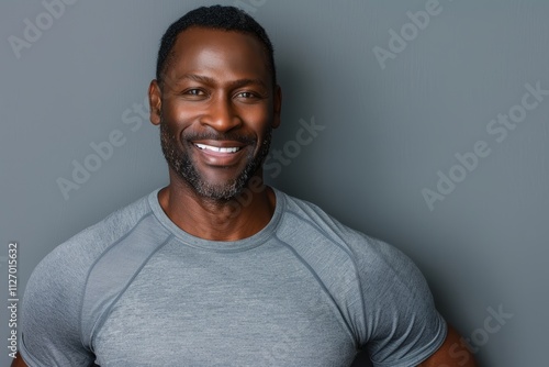 Portrait of a satisfied afro-american man in his 30s showing off a lightweight base layer isolated in pastel gray background photo