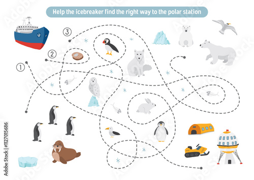 Labyrinth, Maze game for children. Logical puzzle for kids. Quest to find the right path for an icebreaker to polar station. Vector illustration