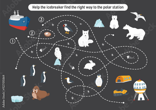 Labyrinth, Maze game for children. Logical puzzle for kids. Quest to find the right path for an icebreaker to polar station. Vector illustration