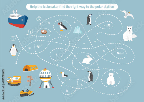 Labyrinth, Maze game for children. Logical puzzle for kids. Quest to find the right path for an icebreaker to polar station. Vector illustration