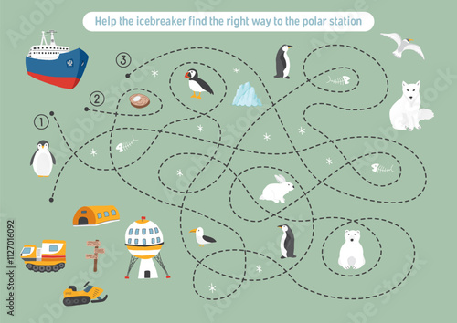 Labyrinth, Maze game for children. Logical puzzle for kids. Quest to find the right path for an icebreaker to polar station. Vector illustration