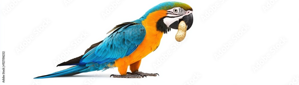 Fototapeta premium Vibrant Macaw Parrot Holding Peanut Against White Background in Natural Habitat