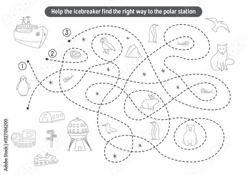 Labyrinth, Maze game for children. Logical puzzle for kids. Quest to find the right path for an icebreaker to polar station. Vector illustration