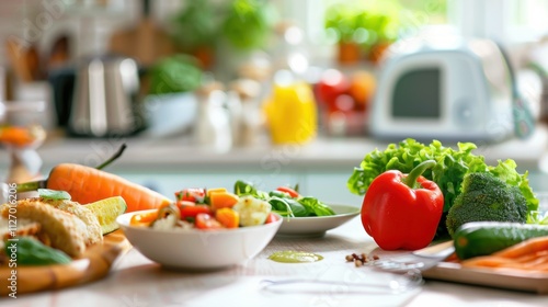 A diabetic-friendly meal. in a well-lit, organized kitchen. emphasizing the nutritional and dietary needs of diabetics. Ideal for health and medical articles