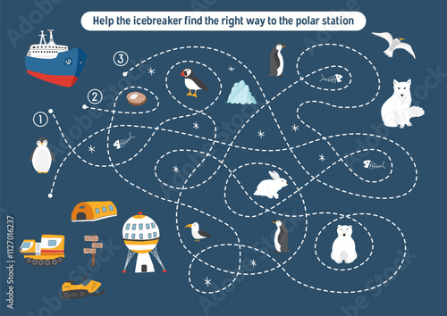 Labyrinth, Maze game for children. Logical puzzle for kids. Quest to find the right path for an icebreaker to polar station. Vector illustration