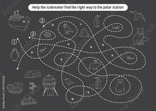 Labyrinth, Maze game for children. Logical puzzle for kids. Quest to find the right path for an icebreaker to polar station. Vector illustration