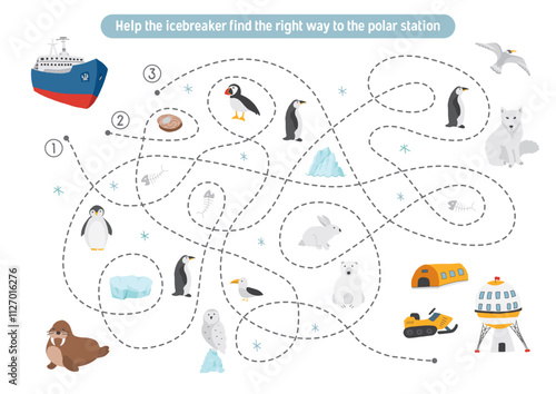 Labyrinth, Maze game for children. Logical puzzle for kids. Quest to find the right path for an icebreaker to polar station. Vector illustration