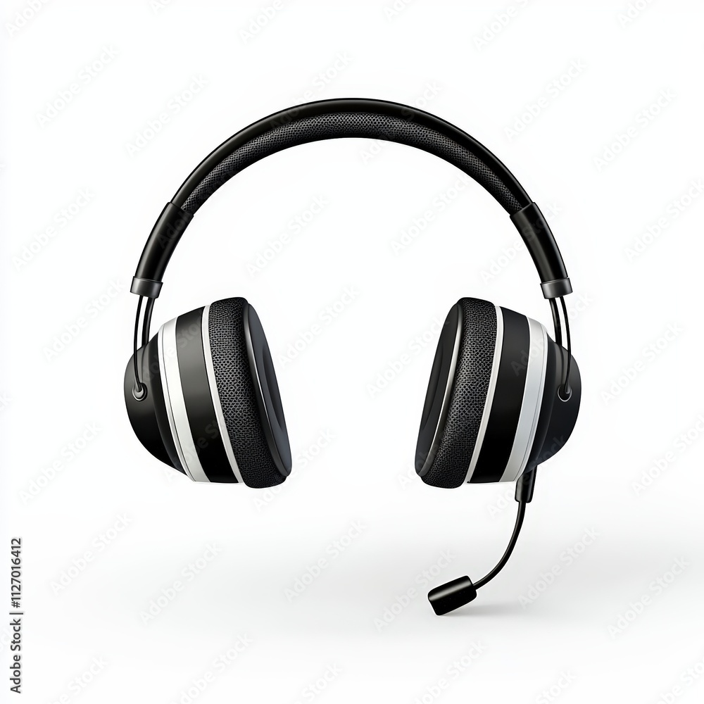 Modern Black Headset with Microphone on a White Background for Communication and Gaming Modern Black Headset with Microphone on a White Background for Communication and Gaming