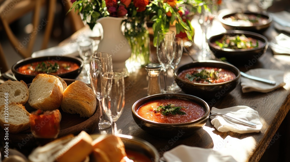 A beautifully arranged table with bowls of gazpacho and crusty bread, perfect for a summer gathering A beautifully arranged table with bowls of gazpacho and crusty bread, perfect for a summer gathering