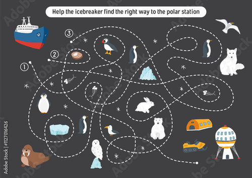 Labyrinth, Maze game for children. Logical puzzle for kids. Quest to find the right path for an icebreaker to polar station. Vector illustration