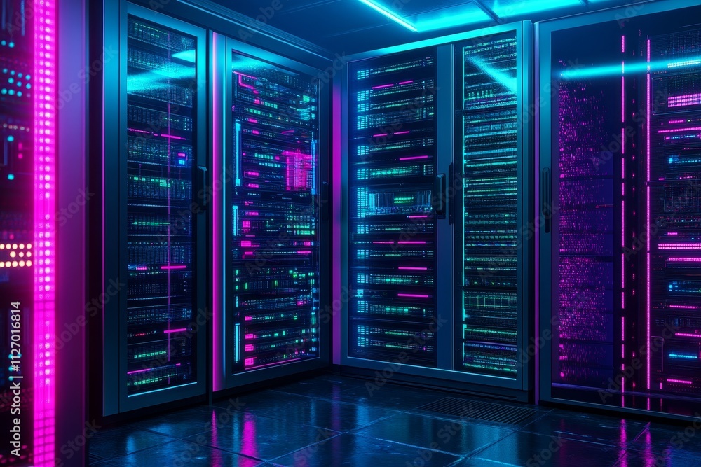 Neon-Lit Server Room Data Center Composition, Digital Art, Cyberpunk Concept, Server Racks, Data Storage Server,Cyberpunk Neon-Lit Server Room Data Center Composition, Digital Art, Cyberpunk Concept, Server Racks, Data Storage Server,Cyberpunk