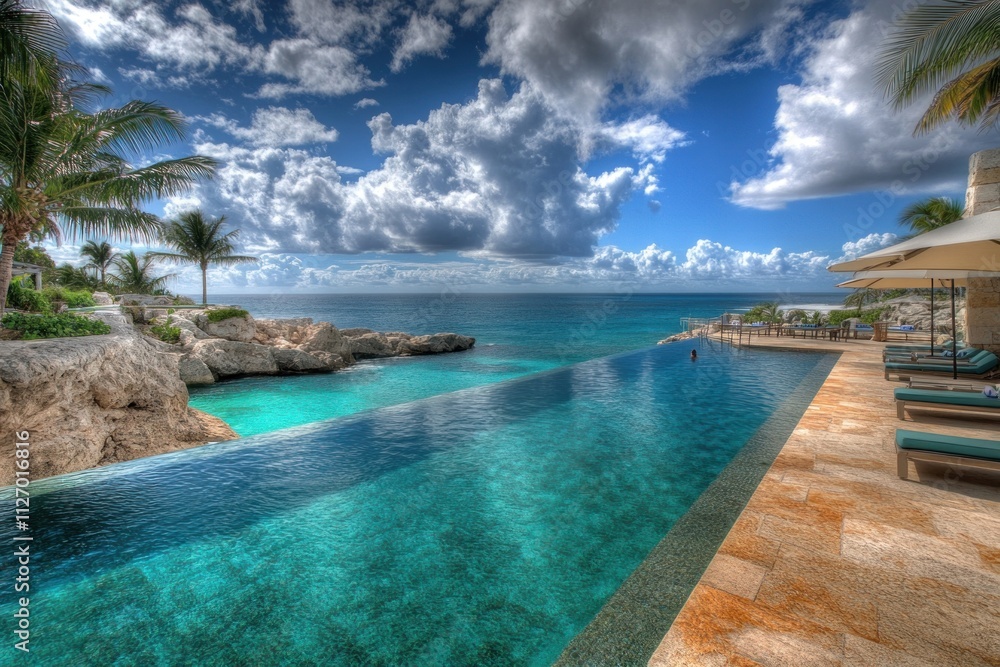 A stunning infinity pool overlooking a serene ocean and dramatic sky. A stunning infinity pool overlooking a serene ocean and dramatic sky.