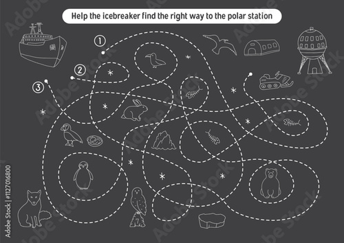 Labyrinth, Maze game for children. Logical puzzle for kids. Quest to find the right path for an icebreaker to polar station. Vector illustration
