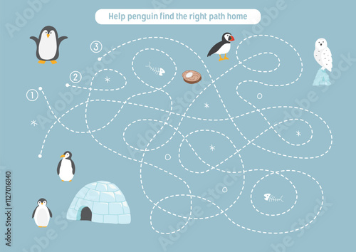 Labyrinth, Maze game for children. Logical puzzle for kids. Quest to find the right path for a penguin to his home. Vector illustration.