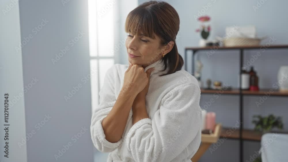 Woman enjoying spa day in wellness center wearing white robe in indoor setting with relaxing atmosphere and beauty products on the shelves in background Woman enjoying spa day in wellness center wearing white robe in indoor setting with relaxing atmosphere and beauty products on the shelves in background