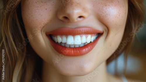 Close-up of a Womans Smile with White Teeth, Freckles, and Pink Lips. Perfect Smile Concept. photo