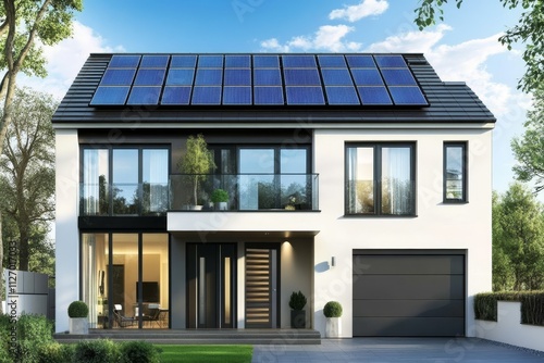 Modern Two-Story Solar Home Architectural Visualization, Energy Efficient Design, 3D Rendering Solar Panels, Sustainable Home