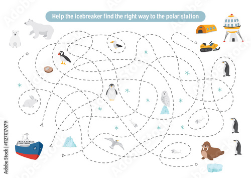Labyrinth, Maze game for children. Logical puzzle for kids. Quest to find the right path for an icebreaker to polar station. Vector illustration