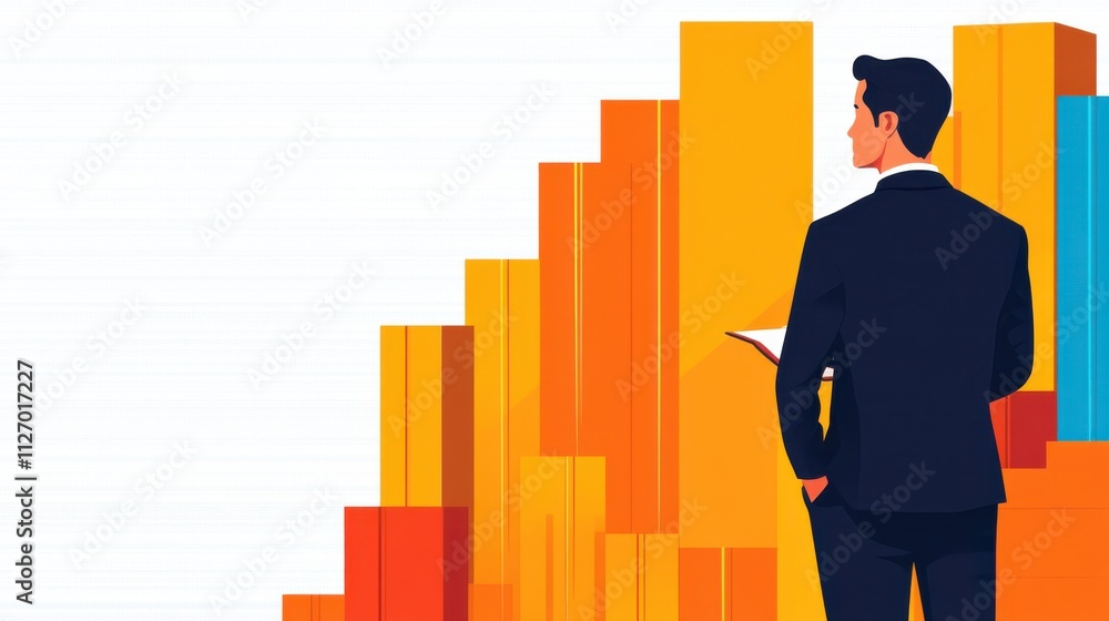 A businessman stands confidently before rising bar graphs, symbolizing growth, progress, and success in a vibrant, modern design. A businessman stands confidently before rising bar graphs, symbolizing growth, progress, and success in a vibrant, modern design.
