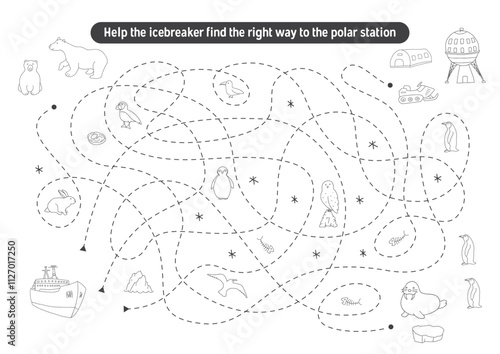 Labyrinth, Maze game for children. Logical puzzle for kids. Quest to find the right path for an icebreaker to polar station. Vector illustration