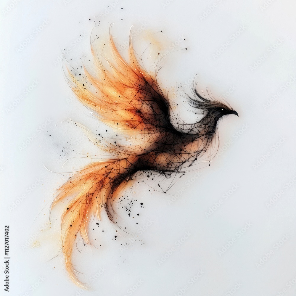 A phoenix bird tattoo sketch on a white background, depicted in black ink and geometric patterns, symbolizing freedom and rebirth A phoenix bird tattoo sketch on a white background, depicted in black ink and geometric patterns, symbolizing freedom and rebirth
