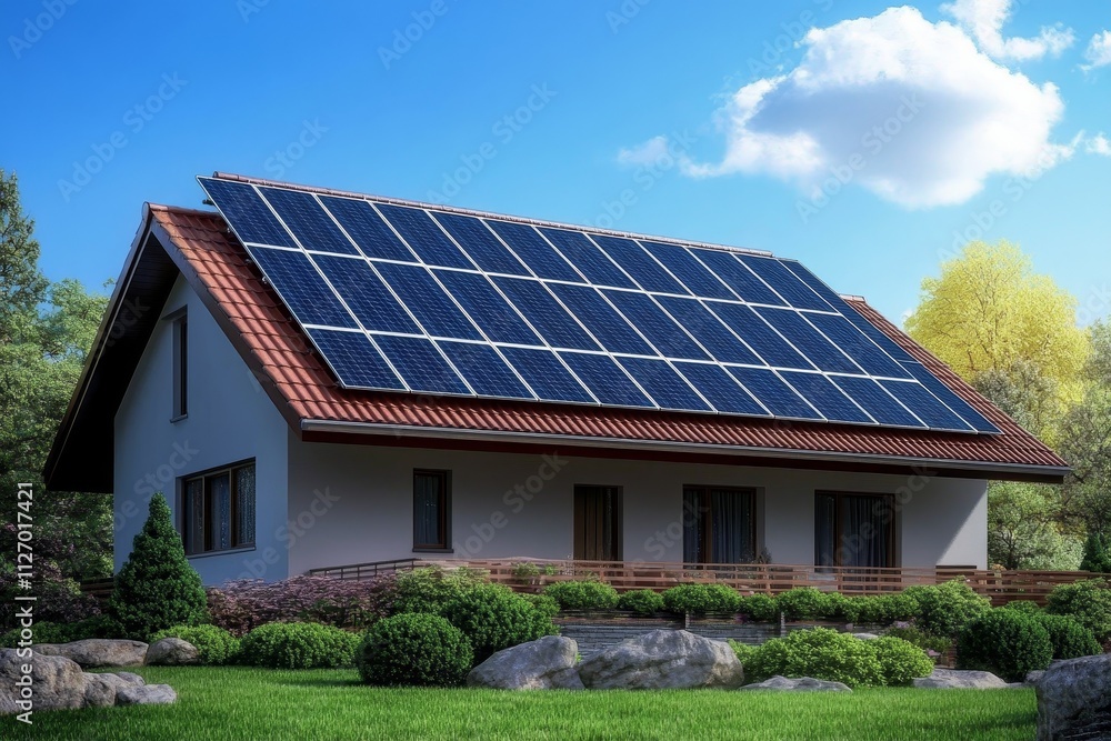 House with Solar Panels on Roof 3D Rendering, Sustainable Home, Clean Energy, Eco-Friendly Design solar energy, sustainable architecture House with Solar Panels on Roof 3D Rendering, Sustainable Home, Clean Energy, Eco-Friendly Design solar energy, sustainable architecture