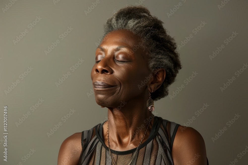 Portrait of a satisfied afro-american woman in her 50s dressed in a breathable mesh vest in pastel gray background Portrait of a satisfied afro-american woman in her 50s dressed in a breathable mesh vest in pastel gray background