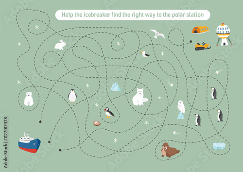 Labyrinth, Maze game for children. Logical puzzle for kids. Quest to find the right path for an icebreaker to polar station. Vector illustration