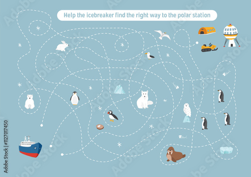 Labyrinth, Maze game for children. Logical puzzle for kids. Quest to find the right path for an icebreaker to polar station. Vector illustration