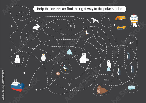 Labyrinth, Maze game for children. Logical puzzle for kids. Quest to find the right path for an icebreaker to polar station. Vector illustration