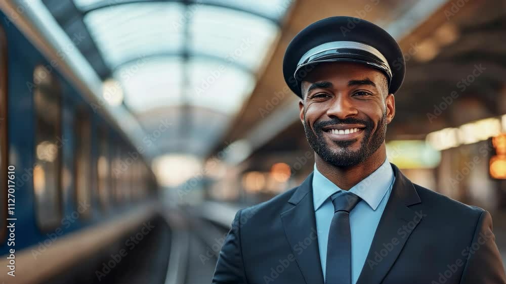 A train conductor in formal uniform stands on a platform at a modern train station. Ideal for highlighting railway operations, public transport, and professional service. A train conductor in formal uniform stands on a platform at a modern train station. Ideal for highlighting railway operations, public transport, and professional service.
