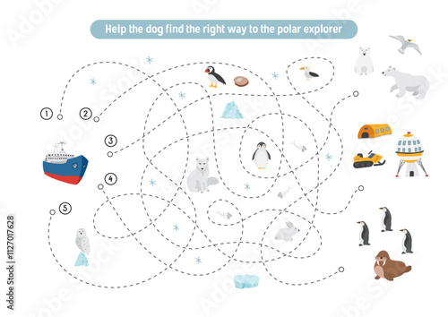 Labyrinth, Maze game for children. Logical puzzle for kids. Quest to find the right path for an icebreaker to polar station. Vector illustration