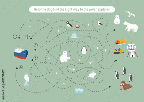 Labyrinth, Maze game for children. Logical puzzle for kids. Quest to find the right path for an icebreaker to polar station. Vector illustration
