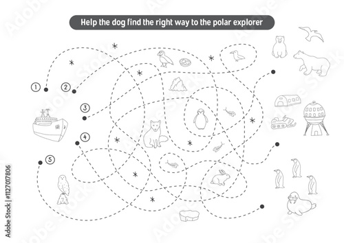 Labyrinth, Maze game for children. Logical puzzle for kids. Quest to find the right path for an icebreaker to polar station. Vector illustration