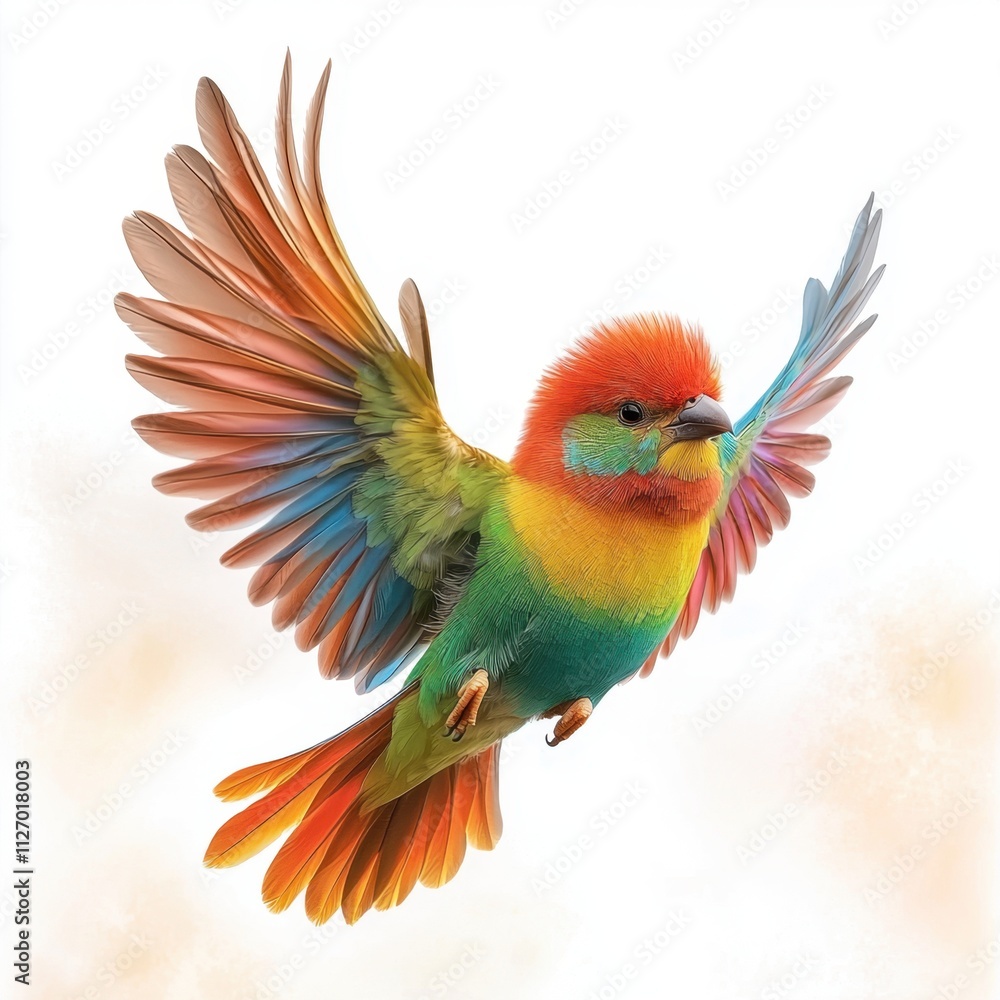 Obraz premium A vibrant bird with a rainbow of colors adorning its feathers, its wings spread wide against a pristine white background, creating a stunning contrast that captures the eye of any observer.