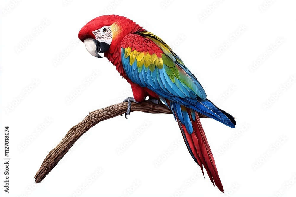 Fototapeta premium Colorful Scarlet Macaw Perched on a Branch with Vibrant Feather Details and Bright Colors