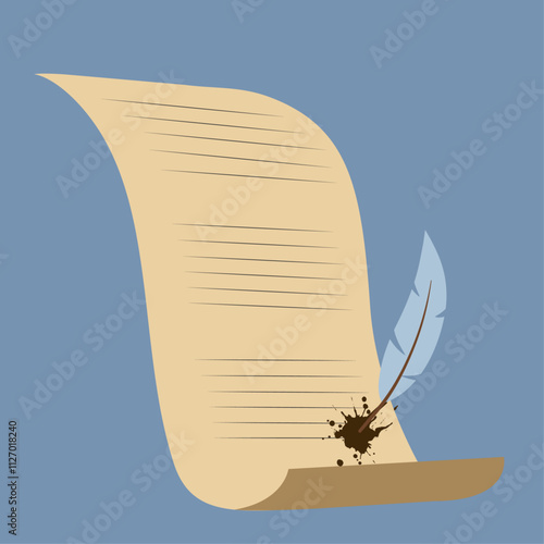 Vintage parchment with ink splatter and quill pen on blue background. Ink splattering artistically across the page, literary writing tool, vintage calligraphy concept