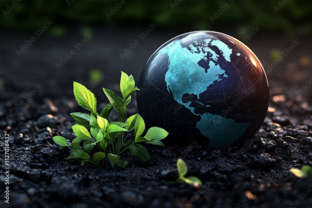 Dark Earth Globe with Sprouting Plants 3D Render, Environmental Concept, Sustainability, Global Growth environmentalism, climate change Dark Earth Globe with Sprouting Plants 3D Render, Environmental Concept, Sustainability, Global Growth environmentalism, climate change