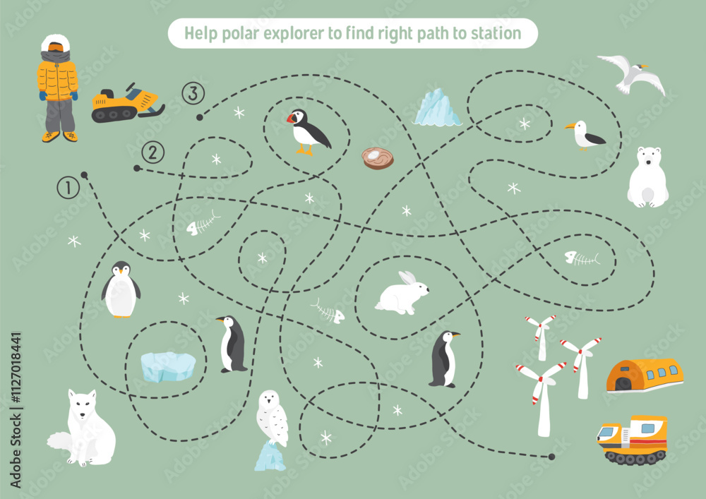 Labyrinth, Maze game for children. Logical puzzle for kids. Quest to find the right path for a polar explorer to polar station. Vector illustration. Labyrinth, Maze game for children. Logical puzzle for kids. Quest to find the right path for a polar explorer to polar station. Vector illustration.
