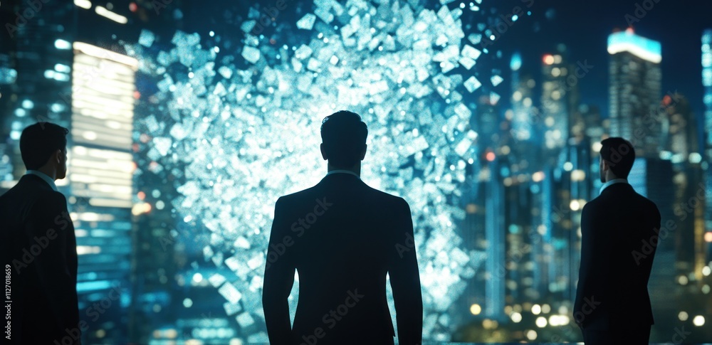 Three figures observe a digital explosion against a city skyline at night. Three figures observe a digital explosion against a city skyline at night.