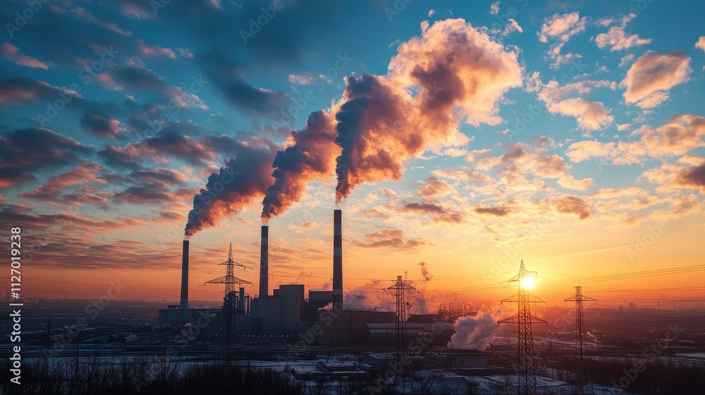 Industrial Power Plant at Sunset with Dramatic Clouds and Emissions Creating a Stunning Skyline Landscape in an Urban Environment Industrial Power Plant at Sunset with Dramatic Clouds and Emissions Creating a Stunning Skyline Landscape in an Urban Environment