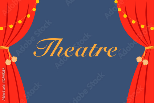 Elegant theater scene illustration with red curtains, golden accents, and the word Theatre on a blue background