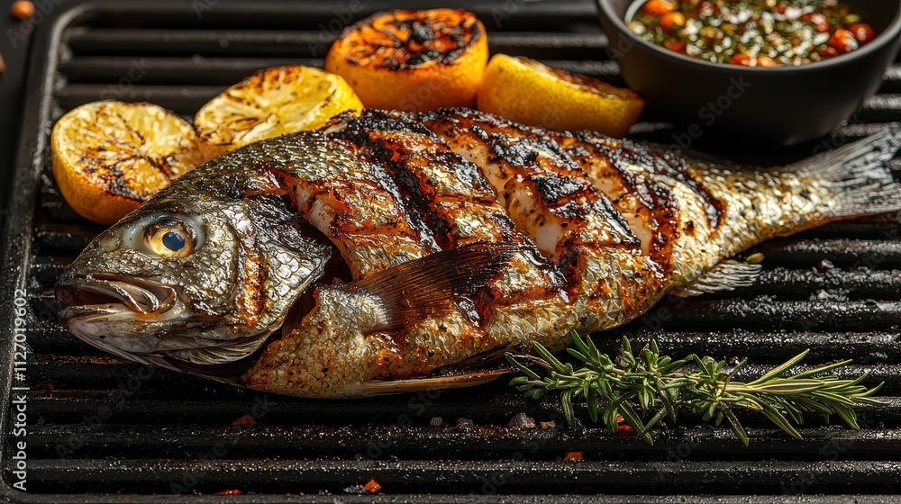 Grilled Whole Fish with Lemon and Herb Sauce on a Black Grill Plate Grilled Whole Fish with Lemon and Herb Sauce on a Black Grill Plate