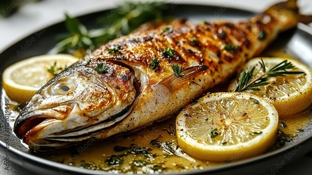 Grilled Fish with Fresh Lemon Slices and Herbs on a Black Plate Grilled Fish with Fresh Lemon Slices and Herbs on a Black Plate