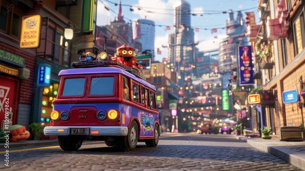 Obraz premium Magical Cityscape with Whimsical Tour Bus