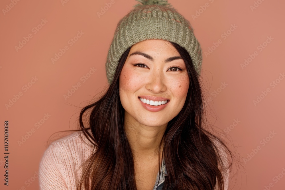 Portrait of a jovial asian woman in her 30s sporting a trendy beanie isolated on pastel brown background Portrait of a jovial asian woman in her 30s sporting a trendy beanie isolated on pastel brown background