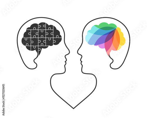 Comparison of left and right brain and cerebral hemispheres concept. Left brain made of jigsaw puzzle pieces, right brain made of layers of colors.