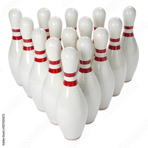 Set of 15 bowling pins arranged in a triangular shape, isolated on a transparent background