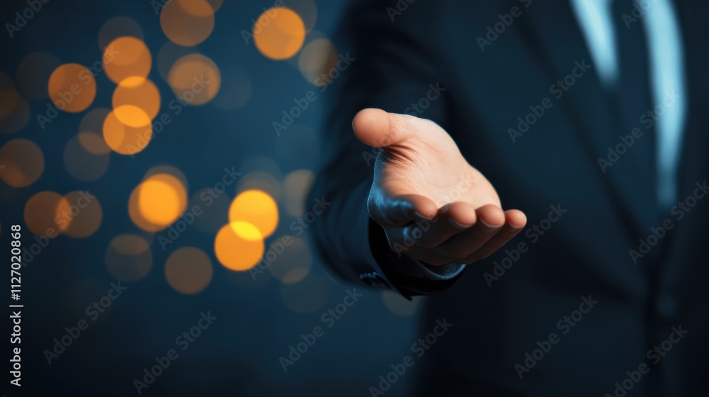 A professional hand gesture signifies an invitation or offer, set against a backdrop of warm, blurred lights. A professional hand gesture signifies an invitation or offer, set against a backdrop of warm, blurred lights.