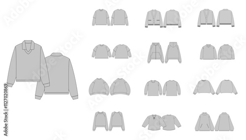 Streetwear Sweatshirts Collection Technical Fashion Illustration - Zipper Sweater Flat Apparel Templates - Technical Drawing Set of Cardigan with Front and Back Views - Men, Woman, Unisex Outwear